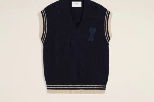 Ami Paris Navy Blue V-Neck Sleeveless Ribbed Wool Sweater