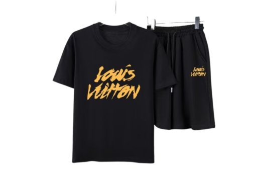 LV Yellow Graphic Print T-Shirt And Shorts Set Black