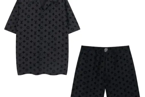 LV Monogram Printed Black Short-Sleeved Silk Shirt And Shorts Set