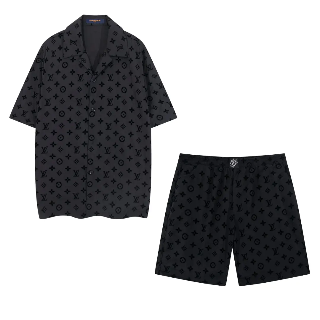 LV Monogram Printed Black Short-Sleeved Silk Shirt And Shorts Set 2026 | Drip Kickz LV Monogram Printed Black Short-Sleeved Silk Shirt And Shorts Set