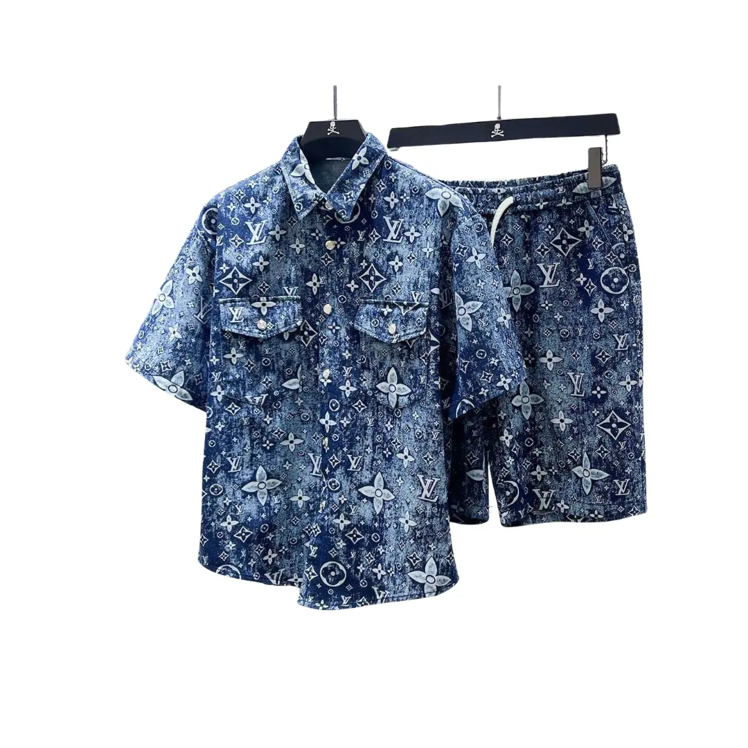 LV Monogram Denim Short Sleeves Shirt And Shorts Set 2026 | Drip Kickz LV Monogram Denim Short Sleeves Shirt And Shorts Set