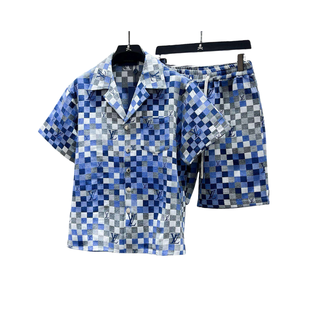 LV Damier 3D Denim Short-Sleeved Shirt And Shorts Set 2026 | Drip Kickz LV Damier 3D Denim Short-Sleeved Shirt And Shorts Set