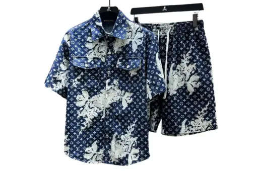 LV Monogram Bandana Short-Sleeved Denim Shirt And Shorts Set Blue