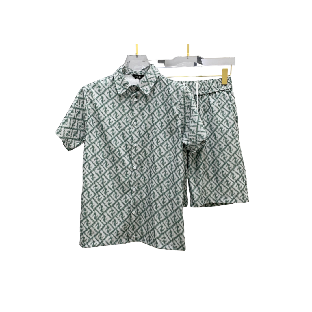 Fendi FF-Monogram Linen Mint Green Shirt And Shorts Set 2026 | Drip Kickz Fendi FF-Monogram Linen Mint Green Shirt And Shorts Set