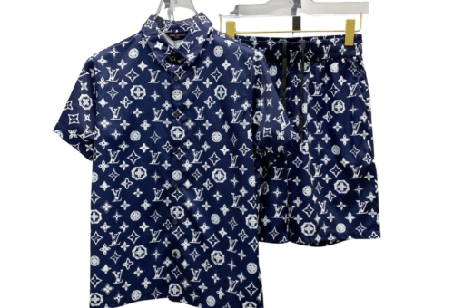 LV Monogram Print Navy Blue Shirt And Shorts Set