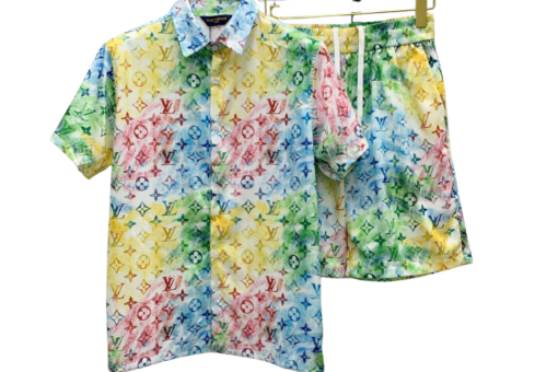 LV Multicolored Monogram Print Short-Sleeve Shirt And Shorts Set