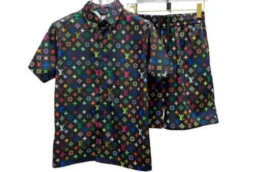 LV Multi Color Monogram Print Shirt And Shorts Set Black
