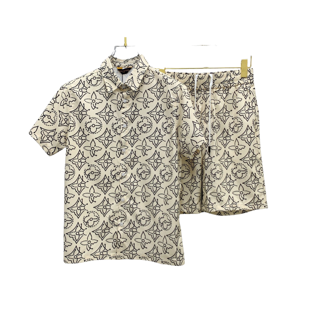 LV Iconic Monogram Printed Shirt And Shorts Set Beige 2026 | Drip Kickz LV Iconic Monogram Printed Shirt And Shorts Set Beige