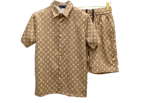 LV Beige Monogram Printed Short-Sleeved Shirt And Shorts Set