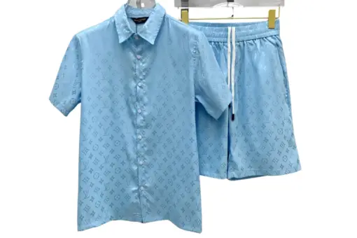 LV Sky Blue Monogram Jacquard Shirt And Shorts Set