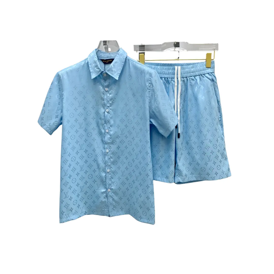 LV Sky Blue Monogram Jacquard Shirt And Shorts Set 2026 | Drip Kickz LV Sky Blue Monogram Jacquard Shirt And Shorts Set