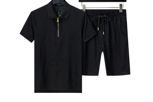LV Black Embossed Monogram Zipper Polo Shirt And Shorts Set
