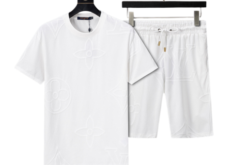 LV White Embossed Monogram T-Shirt And Shorts Set