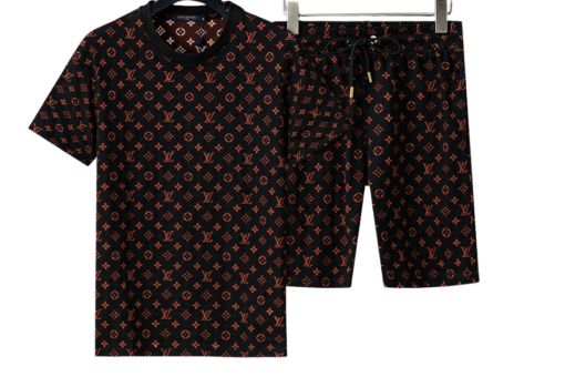 LV Black/Orange Embossed Monogram T-Shirt And Shorts Set