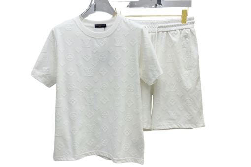LV Embossed Monogram Printed T-Shirt And Shorts Set White