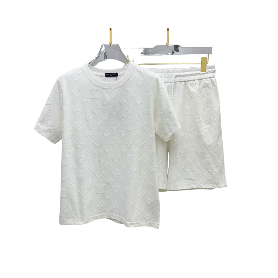 LV Embossed Monogram Printed T-Shirt And Shorts Set White 2026 | Drip Kickz LV Embossed Monogram Printed T-Shirt And Shorts Set White