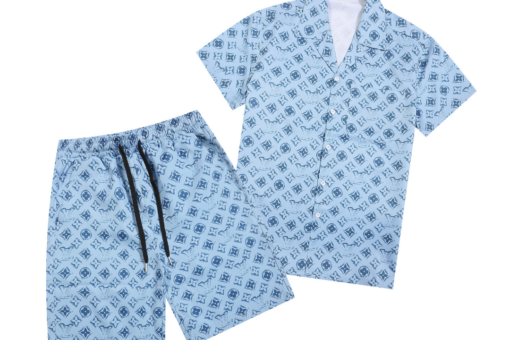 LV Monogram Printed Silk Shirt And Shorts Set Light Blue