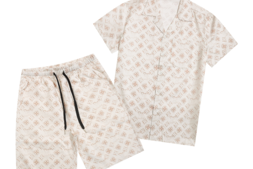 LV Monogram Printed Silk Shirt And Shorts Set Beige