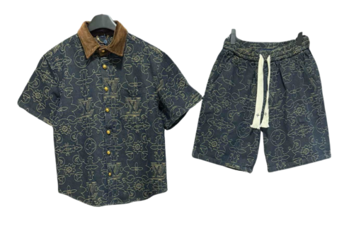 LV Embroidered Denim Shirt And Shorts Set