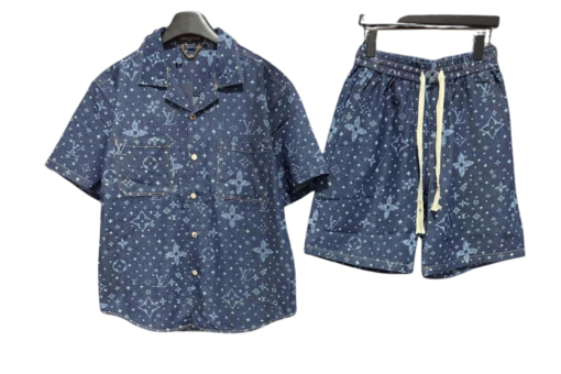 LV Monogram Denim Shirt And Shorts Set Blue