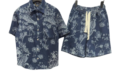 LV Jacquard Denim Blue Shirt And Shorts Set