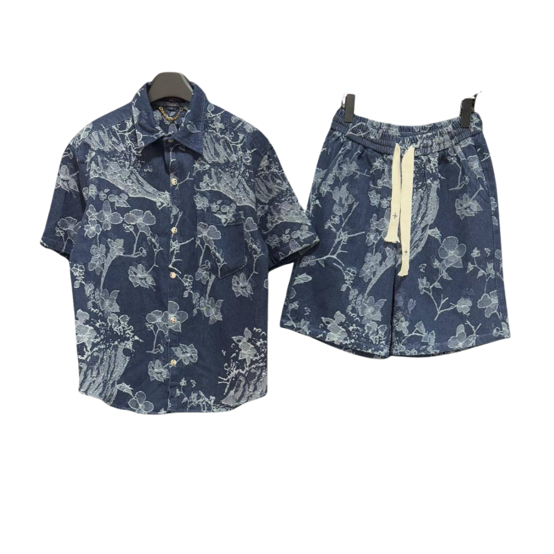 LV Jacquard Denim Blue Shirt And Shorts Set 2026 | Drip Kickz LV Jacquard Denim Blue Shirt And Shorts Set