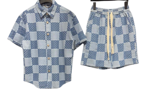 LV Damier 3D Light Denim Shirt And Shorts Set