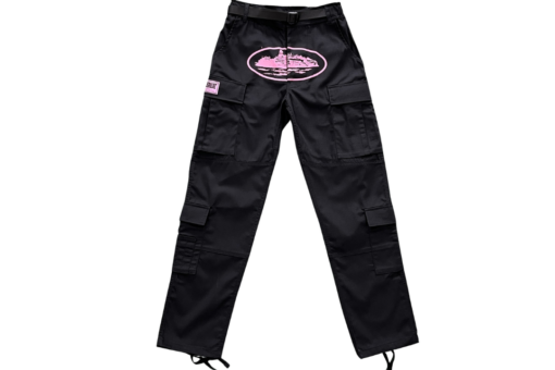 black with pink logo cargos