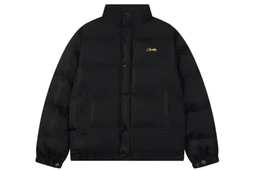 Corteiz Alcatraz Classic Hooded Down Puffer Jacket Black With Yellow Logo