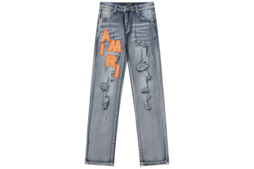 Amiri Straight Leg Logo Appliquéd Embroidered Distressed Jeans Light Blue With Orange Monogram - 34