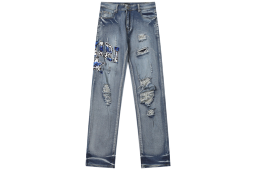 Amiri Straight Leg Logo Appliquéd Embroidered Distressed Jeans Light Blue - 34