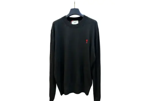 Ami Paris De Coeur Logo Embroidered Merino Wool Crew Neck Sweater Black