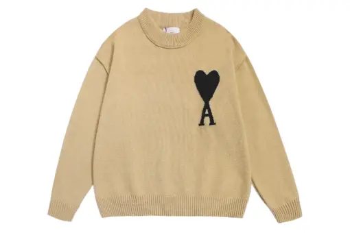 Ami Paris De Coeur Wool Crewneck Sweater Camel With Black Intarsia Heart Logo