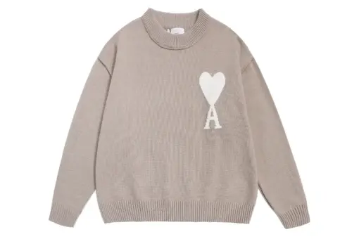 Ami Paris De Coeur Wool Crewneck Sweater Beige With White Intarsia Heart Logo