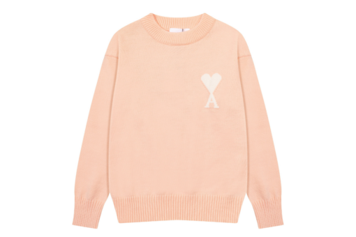 Ami Paris Jacquard ADC Merino Crew Neck Pullover Sweater Pink With White Heart Logo
