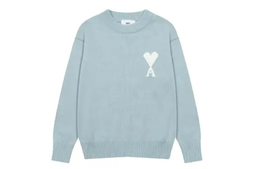 Ami Paris Jacquard ADC Merino Crew Neck Pullover Sweater Sky Blue With White Heart Logo