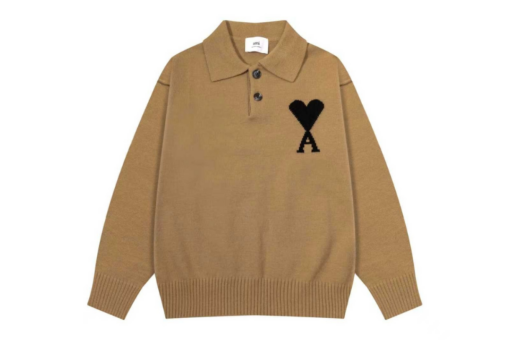 Ami Paris Jacquard ADC Merino Polo Collar Pullover Sweater Khaki