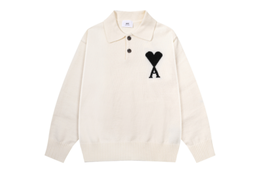 Ami Paris Jacquard ADC Merino Polo Collar Pullover Sweater White