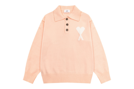 Ami Paris White Heart Jacquard Alpaca Blend Loose Polo Neck Pullover Sweater Light Pink