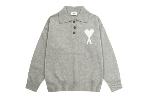 Ami Paris White Heart Jacquard Alpaca Blend Loose Polo Neck Pullover Sweater Light Gray