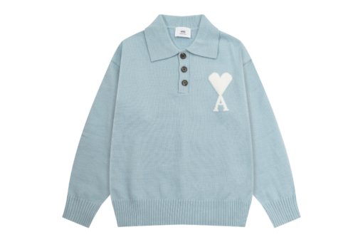 Ami Paris White Heart Jacquard Alpaca Blend Loose Polo Neck Pullover Sweater Baby Light Sky Blue