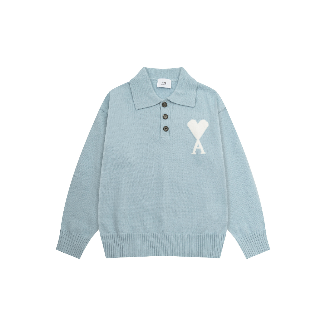 Ami Paris White Heart Jacquard Alpaca Blend Loose Polo Neck Pullover Sweater Baby Light Sky Blue 2026 | Drip Kickz Ami Paris White Heart Jacquard Alpaca Blend Loose Polo Neck Pullover Sweater Baby Light Sky Blue