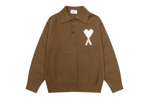 Ami Paris White Heart Jacquard Alpaca Blend Loose Polo Neck Pullover Sweater Khaki
