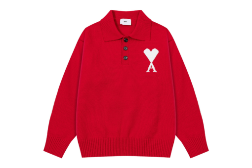 Ami Paris White Heart Jacquard Alpaca Blend Loose Polo Neck Pullover Sweater Red
