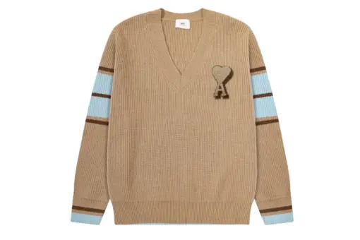 Ami Paris Heart Shaped Towel Embroidery Jacquard ADC Wool V Neck Sweater Camel