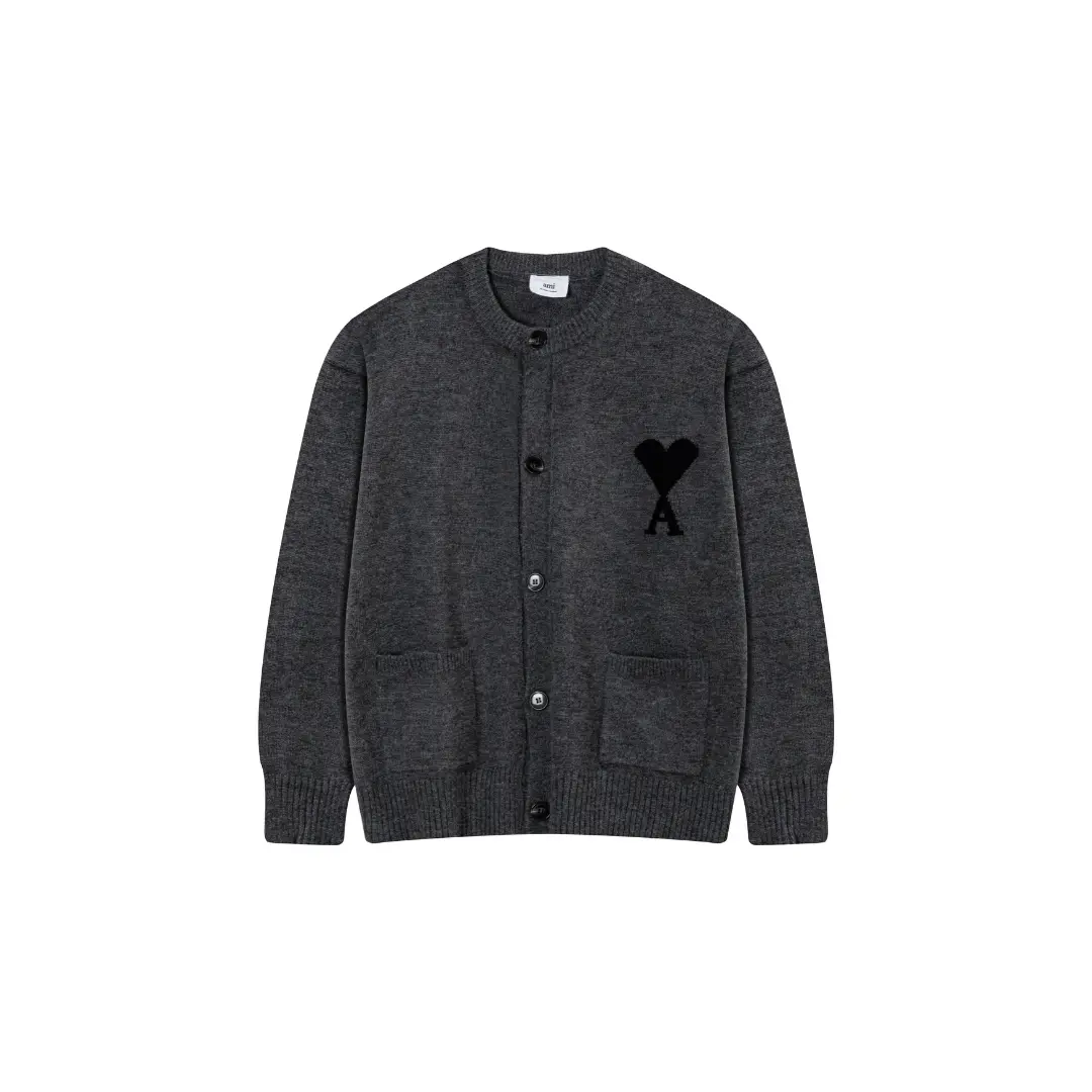 Ami Paris ADC Merino Heart Shaped Alpaca Blend Soft Cozy Knit Cardigan Round Neck Sweater Dark Gray 2026 | Drip Kickz Ami Paris ADC Merino Heart Shaped Alpaca Blend Soft Cozy Knit Cardigan Round Neck Sweater Dark Gray