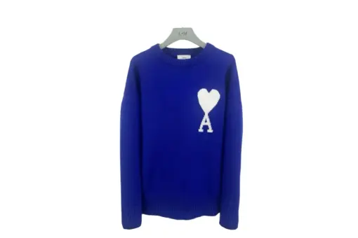 Ami Paris Large Heart Logo Blended Crew Neck Knit Sweater Blue