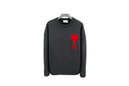 Ami Paris Large Heart Logo Blended Crew Neck Knit Sweater Dark Gray