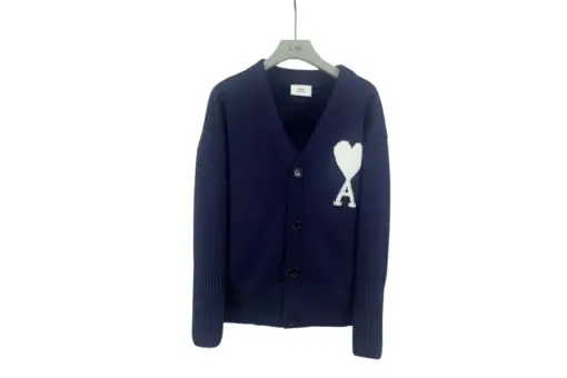 Ami Paris Large Heart Logo Loose Fitting Drop Shoulder V Neck Cardigan Sweater Black