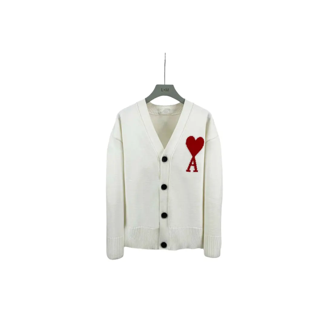 Ami Paris Large Heart Logo Loose Fitting Drop Shoulder V Neck Cardigan Sweater White 2026 | Drip Kickz Ami Paris Large Heart Logo Loose Fitting Drop Shoulder V Neck Cardigan Sweater White